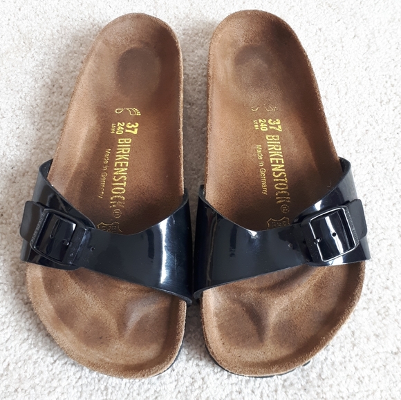 BIRKENSTOCK / 37, 6 / Women's Madrid Patent Faux Leather Cork Sandals - Black - Picture 2 of 10